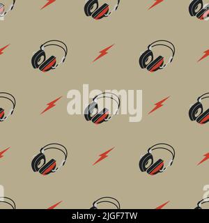 Rock and Roll with Headphones and Thunderbolts pattern Stock Vector