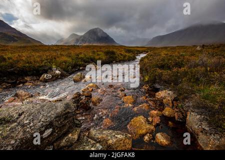 The stunning picturesque view across the River Etive towards Buachaille Etive Mor, in the Glen Etive area of Glencoe in the Highlands in Scotland, UK. Stock Photo