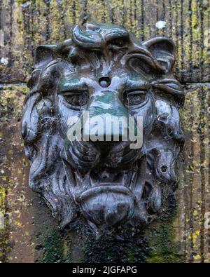 A Lion head detail on the Atholl Memorial Fountain, or also known as the Dunkeld Market Cross, in the beautiful town of Dunkeld in Perth and Kinross, Stock Photo
