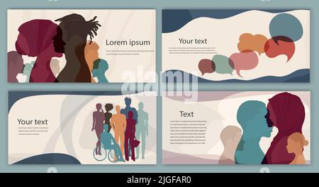 Silhouette group multicultural men and women of diverse cultures. Diversity people. Concept of racial equality and anti-racism. Banner. Set poster. Stock Vector