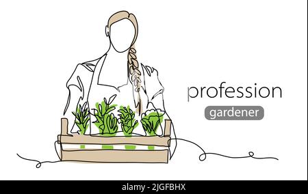 Girl holds greenery in a box. Vector background, banner, poster. One continuous line art drawing illustration of box with greenery,herbs Stock Vector