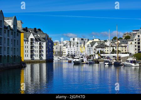 ALESUND, NORWAY - JULY , 2018. View of Centre of Alesund town , More og Romsdal County, renowned for its beautiful Art Nouveau buildings. Stock Photo