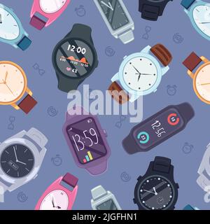 Watches pattern. Fashioned luxury tools for businessmen hand watches collection exact vector seamless background Stock Vector