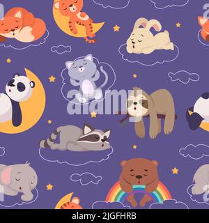 Sleeping animals pattern. Wild funny night animals in relaxes poses exact vector seamless cartoon background asleep characters Stock Vector