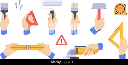Tools in hands. Workers holding different professional equipment saw hammer repair tools garish vector flat style pictures Stock Vector