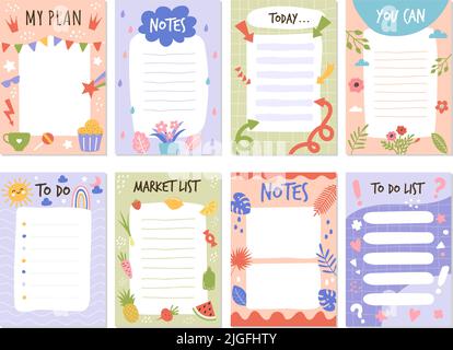 Planner list. To do organized checklist template with place for text educational month stickers schedule elements recent vector collection set Stock Vector