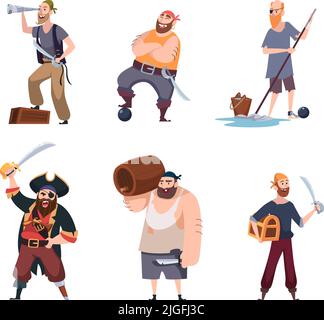 Pirates. Vintage aggressive sailors captain jack with rum and weapons exact vector pirate characters in action poses Stock Vector