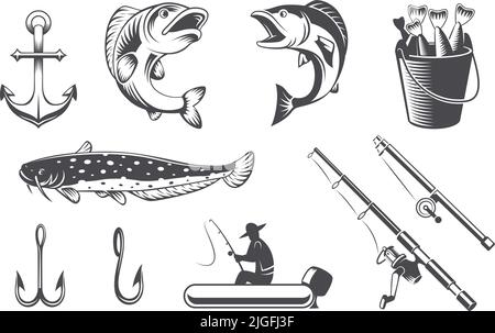 Fishing labels. Traditional water sport tournament with fishing rod hook tackle exact vector monochrome symbols Stock Vector