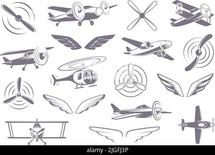 Avia badges. Propellers wings airplanes helicopters stylized symbols for travel company exact vector templates Stock Vector