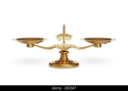 Golden balance scales isolated on white background. Stock Photo