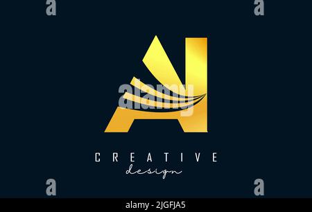 Creative golden letter AI A I logo with leading lines and road concept design. Letters with geometric design. Vector Illustration with letter and crea Stock Vector