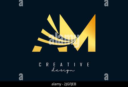 Creative golden letter AM A m logo with leading lines and road concept design. Letters with geometric design. Vector Illustration with letter. Stock Vector