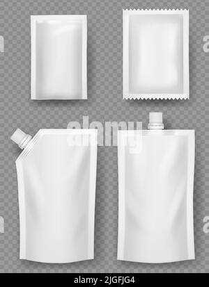 Plastic pouches. Containers white mockup templates of plastic packages for liquid canned food mayonez ketchup decent vector illustrations Stock Vector