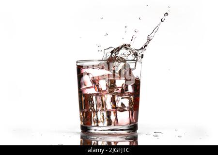 Empty Juice Soda Glasses With Ice Cubes Reflection Isolated On