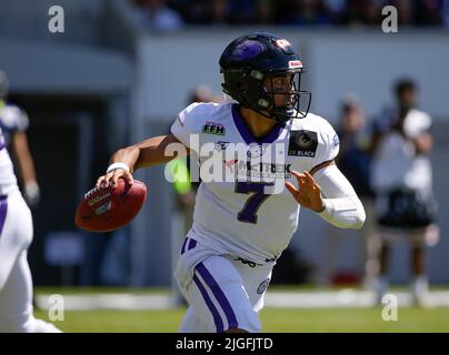 Waldau, Germany. 10th July, 2022. Frankfurt Galaxy QB #7 Jakeb Sullivan runs with the ball during a European League of Football game between the Stuttgart Surge and the Frankfurt Galaxy at GAZi Stadium in Waldau, Germany. Justin Cooper/CSM/Alamy Live News Stock Photo