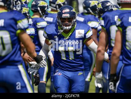 Waldau, Germany. 10th July, 2022. Stuttgart Surge LB #11 Ronley Lakalaka takes the field before a European League of Football game between the Stuttgart Surge and the Frankfurt Galaxy at GAZi Stadium in Waldau, Germany. Justin Cooper/CSM/Alamy Live News Stock Photo