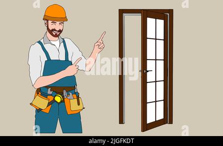 Door service. Repairman in the uniform with special equipment repair door element. Locksmith fix lock. Isolated vector illustration in cartoon style Stock Vector