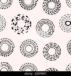 Simple brush stroke circles seamless pattern. Abstract contemporary grunge background, black dirty fashion design. Decorative vector print template Stock Vector