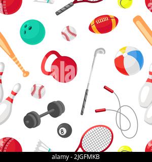 Sport equipment and tools seamless pattern. Fitness club, training or workout. Cartoon ball, tennis and golf, baseball vector background Stock Vector