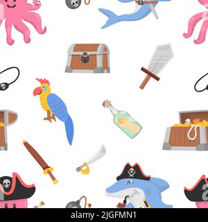Pirate seamless pattern. Wood chest, treasure and bottle. Shark and octopus with rum. Kids sea adventures vector background Stock Vector