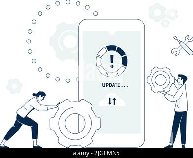 Mobile software app upgrade. Global smartphone system update, digital technology developers maintenance. Install app recent vector concept Stock Vector