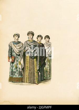 Attendants and Empress Theodora (547), Byzantine Empire, 6th Century, Illustration, The History of Costume, Braun & Schneider, Munich, Germany, 1861-1880 Stock Photo