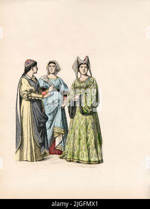 Italian Girl, Noblewoman, Lady of Siena, Italy, Second Half of the 14th Century, Illustration, The History of Costume, Braun & Schneider, Munich, Germany, 1861-1880 Stock Photo