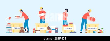 Donation boxes for fund donations. People put medicine clothes food in box for migrants. Refugees social help center volunteers recent vector scene Stock Vector
