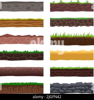 Cartoon seamless grounds. Earth, ground floor, field and garden textures. Sand beach and stone medieval soil, dirt landscape garish vector pattern Stock Vector