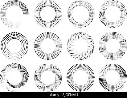 Round halftone frames. Grunge circular design, dotted medical or business logo template. Abstract artistic circle, dot speed lines racy vector Stock Vector