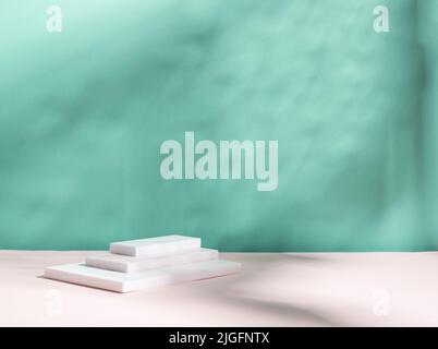 Abstract podium pedestal from white marble, blue menthol empty background deep shadows from plant Stock Photo