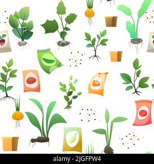 Seedling garden plants with roots. Vegetables fruits. Sunflower seeds. Sowing agricultural material. Seamless pattern. Isolated on white background Stock Vector