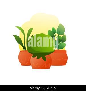 Indoor plants and flowers. Still life. In ceramic pots. Homemade beautiful herbs. Isolated on white background. Cartoon fun style. Vector Stock Vector