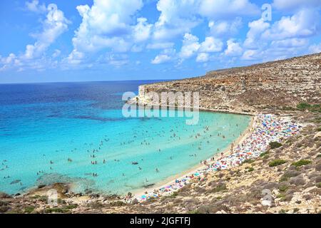View of the most famous sea place of Lampedusa, Rabbits Beach or Conigli island. LAMPEDUSA, ITALY - AUGUST, 2019 Stock Photo