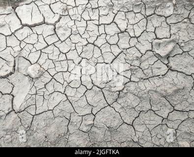 Texture gray dried earth. Patterns and textures cracked soil. The ground has cracks in the top view for the background or graphic design with the conc Stock Photo