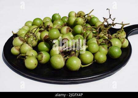 Indian fruit Green Fragrant manjack or snotty gobbles also known as Glue berry, bird lime tree, Indian cherry, Lasoda or Gunda. These fruits are used Stock Photo