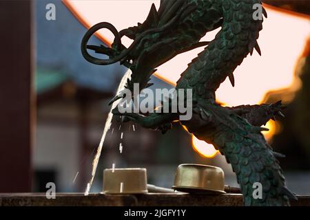 Semi silhouette dragon fountain at Homonji Temple in Ikegami, Tokyo, Japan Stock Photo