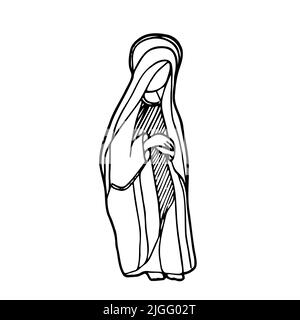Isolated vector illustration. Saint Virgin Mary. Sitting Madonna. Hand drawn linear doodle sketch. Black silhouette on white Stock Vector
