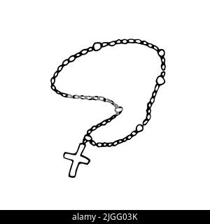 Rosary Beads with cross. Religious christian symbol. Vector Illustration in doodle style. Isolated vector Stock Vector