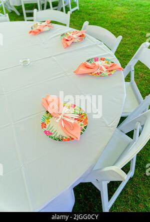 Pink Napkins in Paper Plates on White Tablecloth Stock Photo