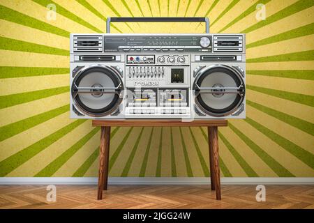 Retro ghetto blaster boombox, radio and audio tape recorder on vintage background. 3d illustration Stock Photo