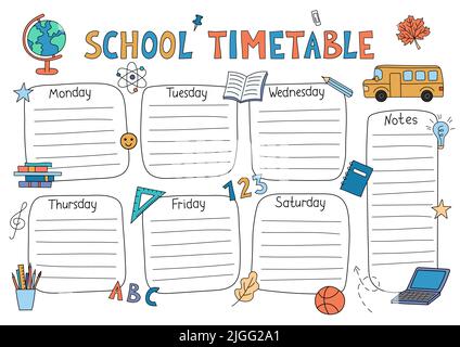School timetable. Vector planner template for students. Funny doodle school schedule. Kids hand drawn outline design. Stock Vector