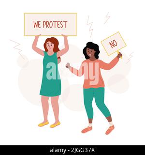 Women protest. Demonstration with placards. Angry girls holding protest posters in hands. African american woman shoutes and raises fist. Flat vector Stock Vector
