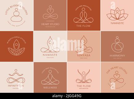 Collection of Yoga, Zen and Meditation logos, linear icons and elements. Bohemian style minimalist illustrations in pastel colors Stock Vector