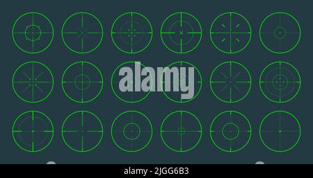 Various sniper rifle night sights, weapon optical scope crosshair. Hunting gun green viewfinder. Shooting mark symbol, aim. Military target sign. Game Stock Vector