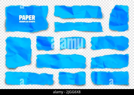 Blue ripped paper strips. Realistic colorful crumpled paper scraps with torn edges. Shreds of notebook pages. Vector illustration Stock Vector