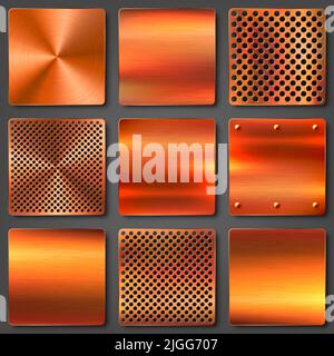 Realistic copper banners collection. Brushed stainless steel plate. Polished metal surface. Scratched industrial texture, metal background. Vector Stock Vector