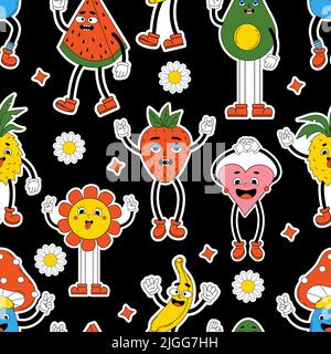 Retro psychedelic seamless patterns, groovy backgrounds. Vector hippy pattern with 70s, 80s vibes groovy elements funny comic cartoon characters with Stock Vector