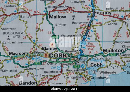 Cork in Southern Ireland in colour in an atlas map Stock Photo