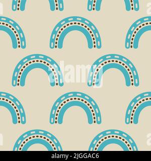 Blue rainbow groovy 1970 good vibes seamless vector pattern background. Warm retro abstract wallpaper, cute 70s texture Stock Vector